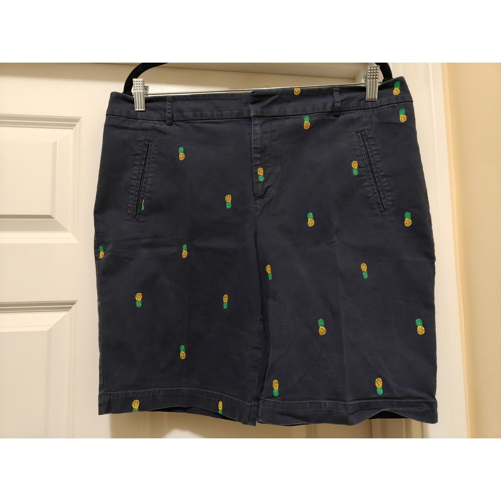 Charter Club Navy Blue Pineapple Embroidered Shorts Womens 16 Cotton Chino